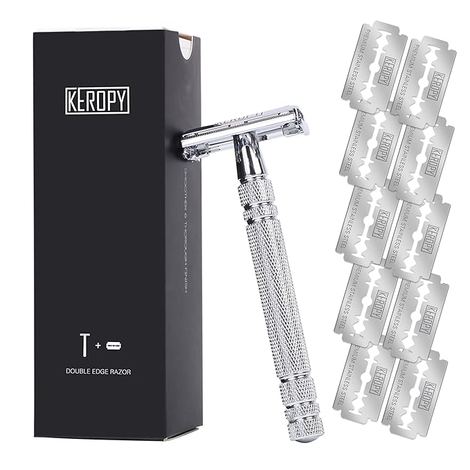 Professional Heavyweight Butterfly Safety Razor for Men - Stainless Steel Single Blade Double Edge De Razor Long Handle with 10 Double Edge Blades - Wet Shaving Kit - Mirror Polished Silver