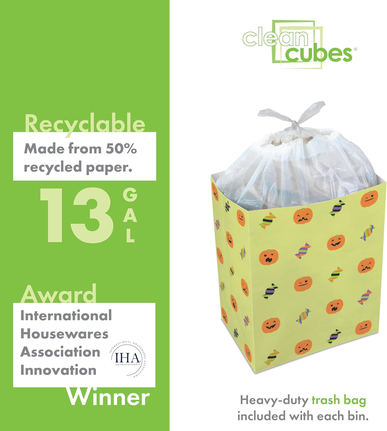 13 Gallon Disposable Pop-Up Trash Cans (3-Pack) with Fitted Bags – Foldable Garbage & Recycling Bins for Parties, Events & Kitchen (Halloween, 17" H x 13.5" W x 10" D)