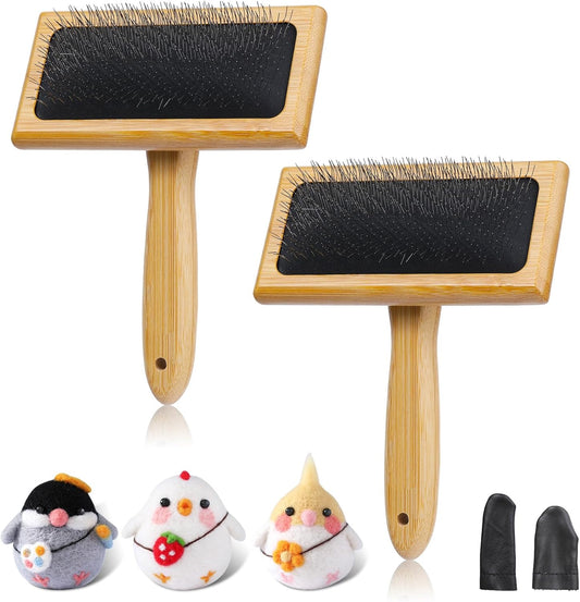 2 Pcs Large Wooden Wool Carders, Needle Felting Carding Brushes Tools with Finger Cots, Wool Needle Felting Brushes for Wool Felting, Spinning Crafts, Pet Grooming