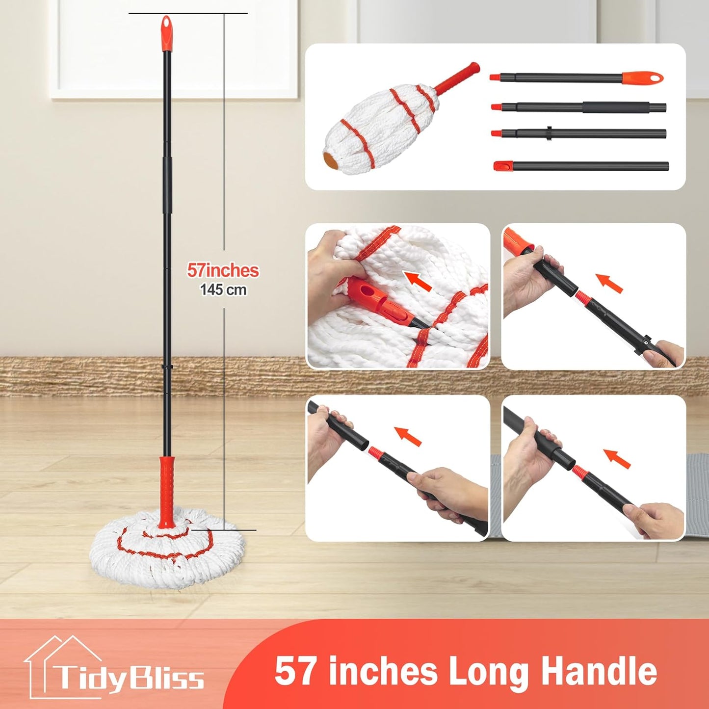 Self Wringing Twist Mop for Floor Cleaning, 57.5 inches Long Handle Cotton String Mop with Wringer, Washable Microfiber Wet Mop with Scouring Pad for Hardwood, Tile, Bathtub, Kitchen