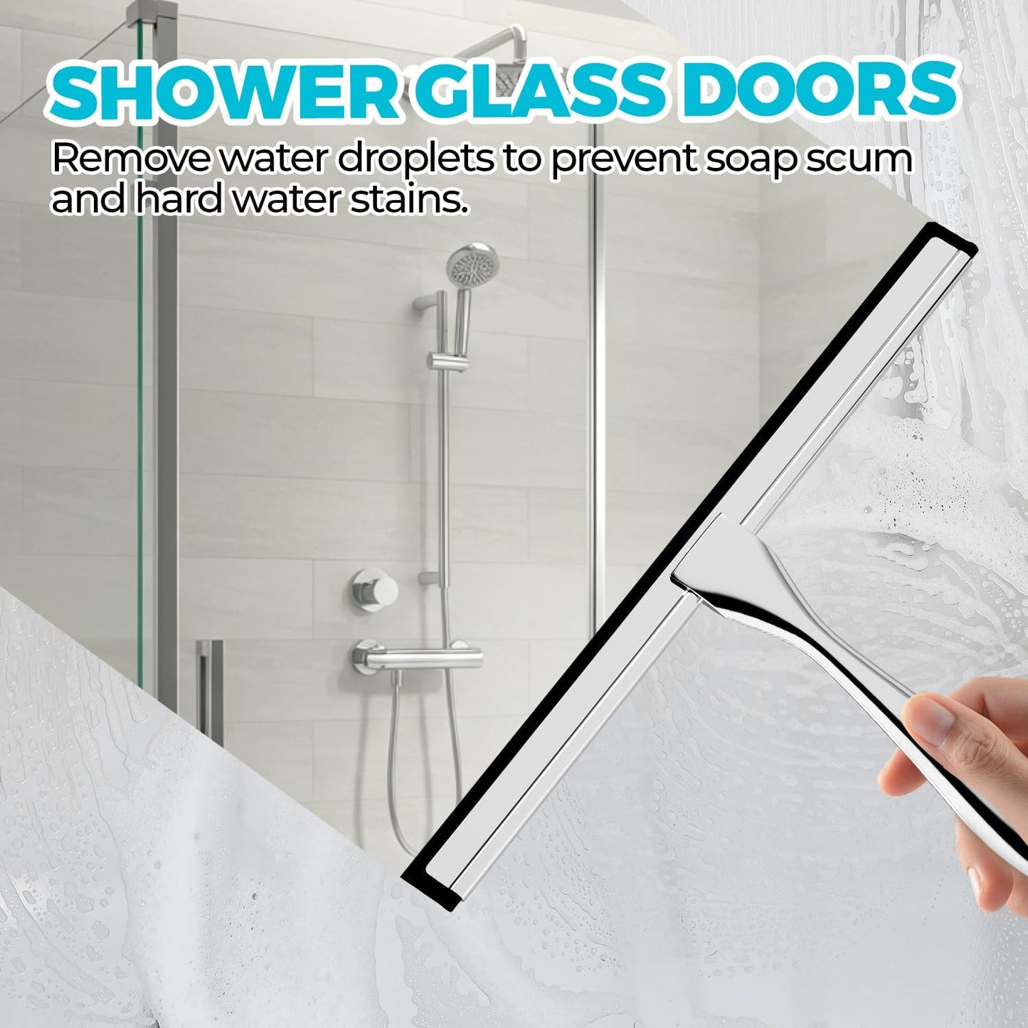 2PACK All-Purpose Shower Squeegee for Shower Doors, Tile Shower Walls, Bathroom, Window, Glass and Car Windshield, Mirrors and Kitchen-Stainless Steel, 9.8-Inch, Silver