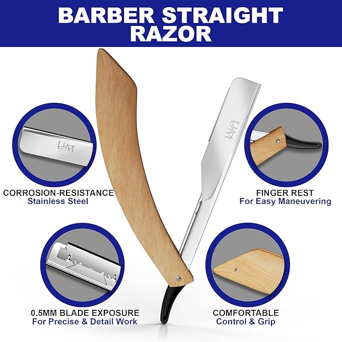 UM Supplies Straight Edge Razor with 100 Replaceable Single Edge Blades kit | Men's Straight Shaving Razors | Navajas para Barbero (Curved Wooden)