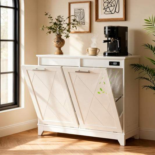 Double Tilt Out Trash Can Cabinet, 10 * 2 Gallon Garbage Trash Bin with Charging Station and Deodorizing Function, Dog-Proof Storage Cabinet for Hidden Bathroom Laundry Hamper, White
