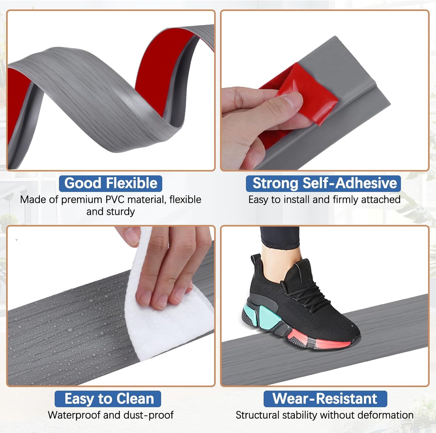 Vinyl Door Threshold Flooring Transition Strip Self Adhesive Carpet Edging Strip for Laminate Doorway Edge Threshold from 3/5" to 4/5" (Light Gray Wood Grain, 10 Ft)