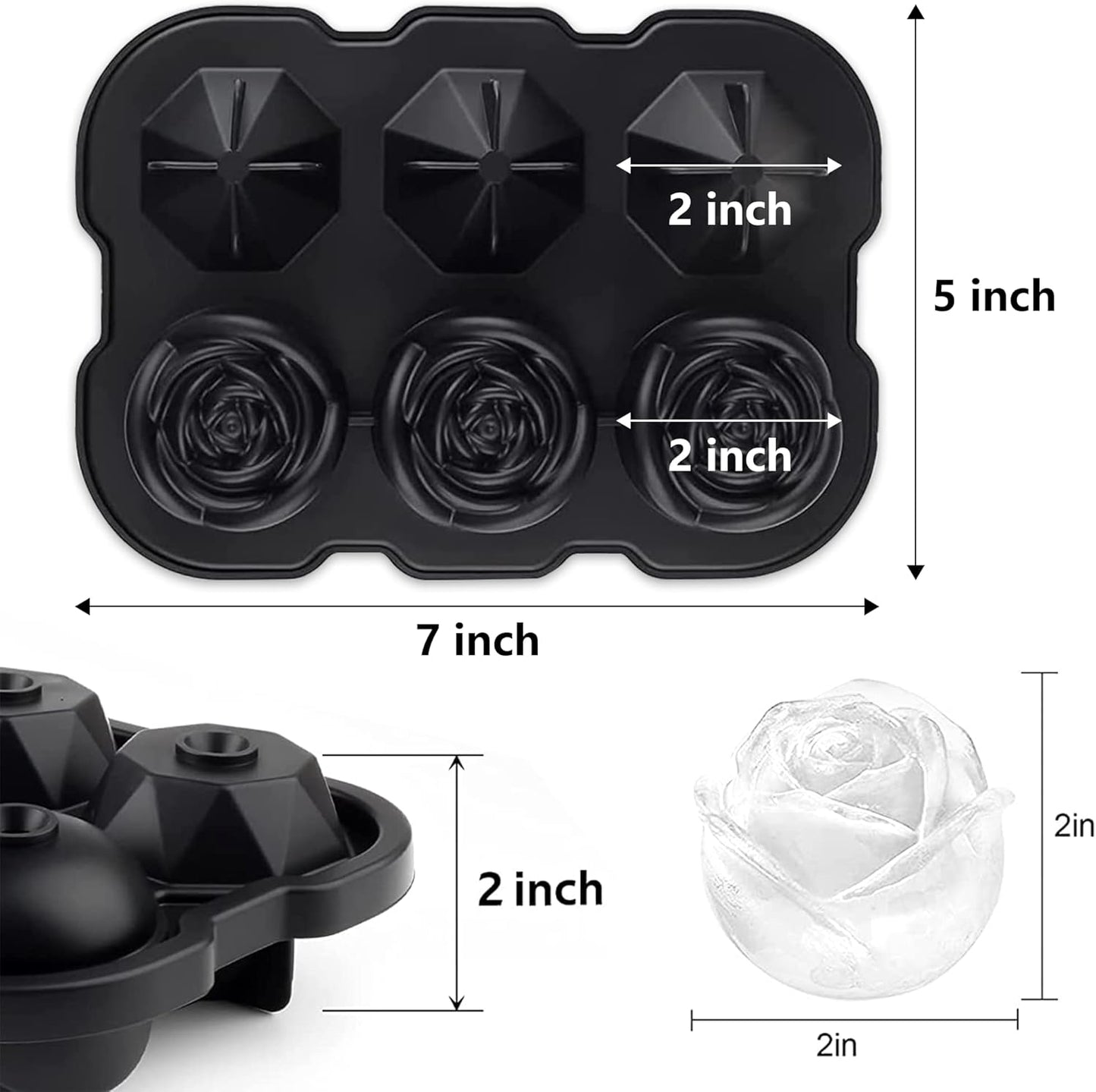Rose Ice Cube Tray,ZACHDEE 2" Flower Silicone Ice Cube Tray With Covers,6 Easy Release Large Ice Ball for Cocktails, Drinks, Whiskey, Bourbon & Homemade Juice
