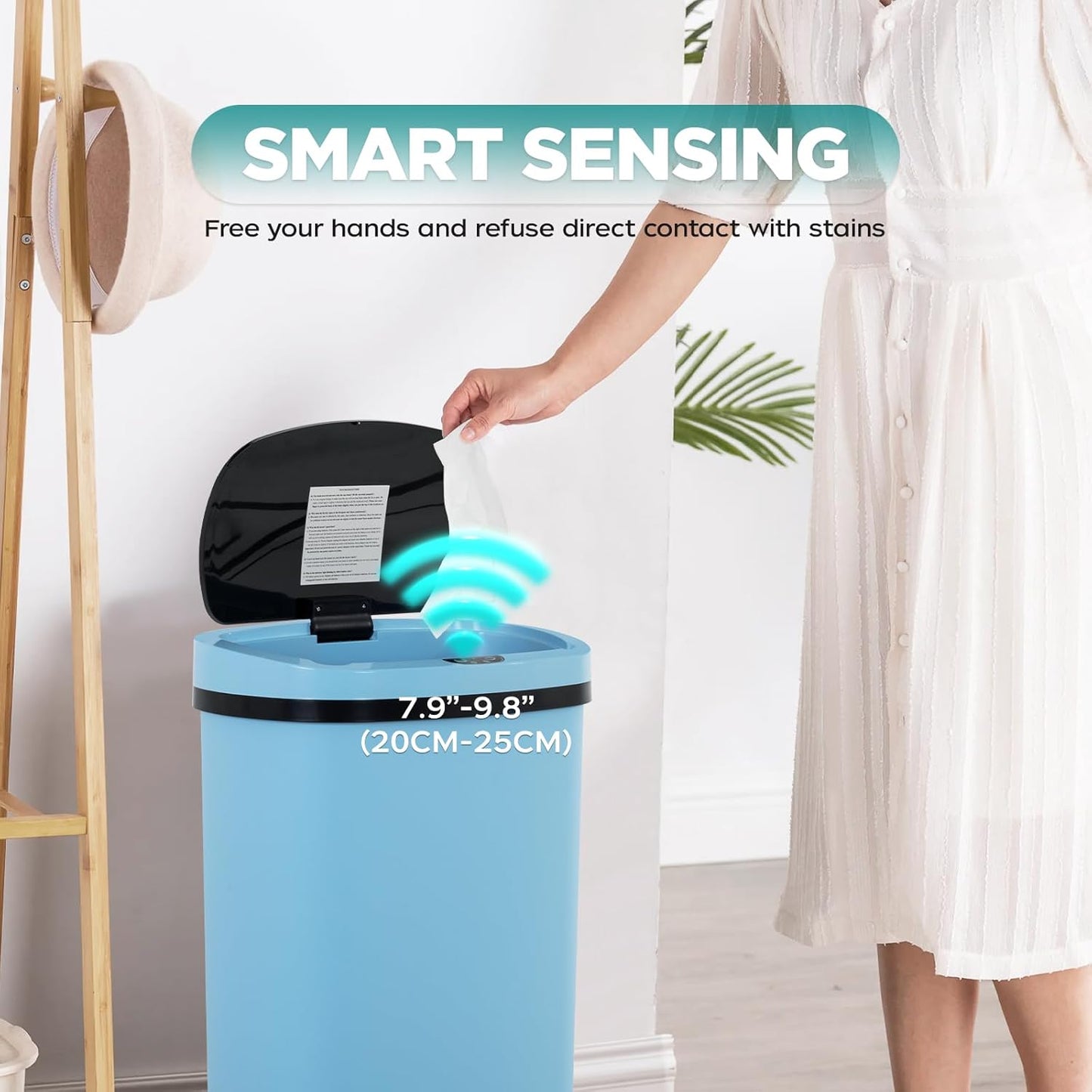 Automatic Motion Sensor Bathroom Trash Can with Lid, 13 Gallon Touchless Trash Bin, Smart Dog Proof Garbage Can, Touch Free Waste Basket for Toilet, Office, Bedroom,Blue