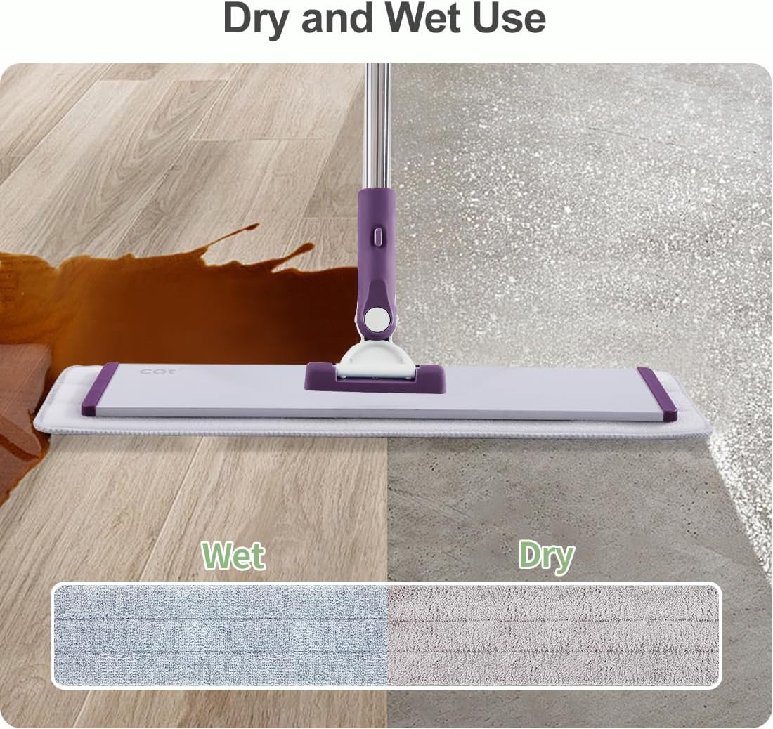 CQT Commercial Flat Microfiber Floor Mop Cleaning System 18" Inch Wet Dry and Dust Hardwood with 4 Washable Pads Cleaner for Laminate Tile Stainless Steel Handle and Extension (PT13-WET)