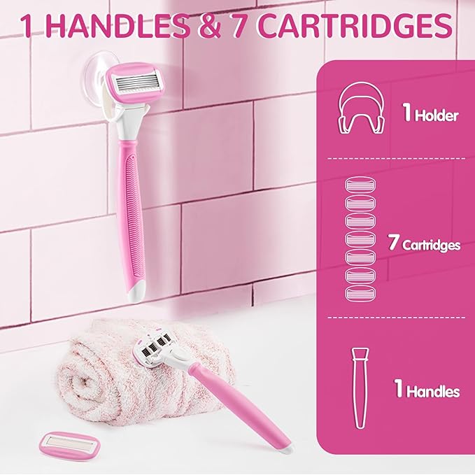 Razors for Women Include 1 Non-Slip Handle and 7 Blade Refills with a Shower Holder, 5 Premium Blades Women's Razors for Shaving with 360° Lubrication Reduces Irritation, Pink