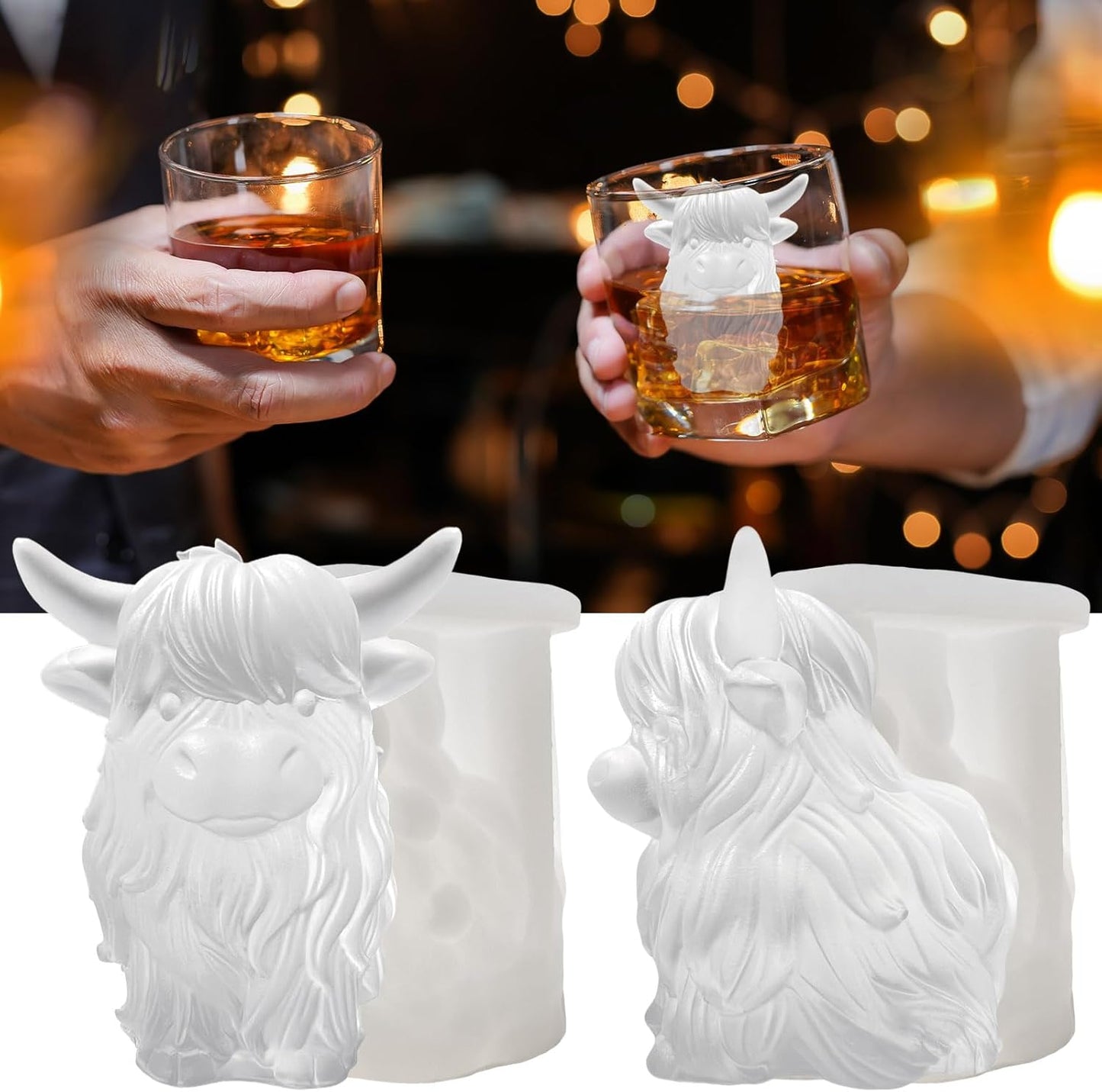 3D Highland Cow Ice Cube Silicone Molds Tray for Whiskey, Cocktail, Drink Decor, Bar; Rich Details. Cute Gifts for Women Kids Girls Boys, Fun Animal Shape Soap Epoxy Resign Mold; 2 Pack