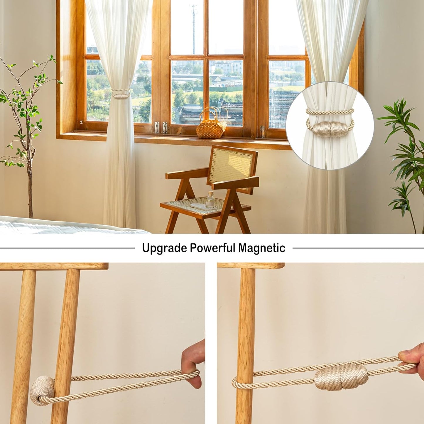 Magnetic Curtain Tiebacks - Rope Tiebacks for Curtains & Drapes, Decorative Window Holdbacks (2 Pack, Beige)