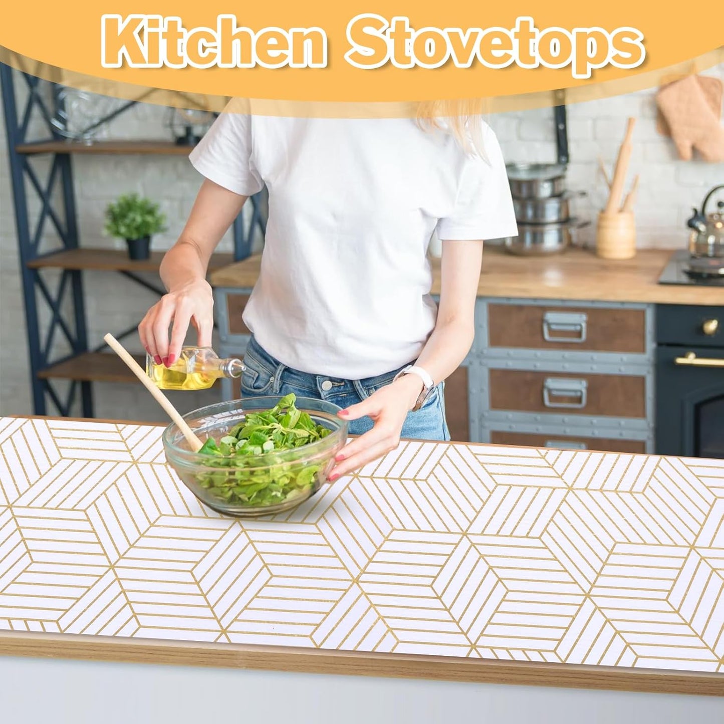 Shelf Liners for Kitchen Cabinets Non Adhesive Shelf Liner Paper Non-Slip Thickened Drawer Liner Easy to Clean for Tool Box Refrigerator with Knife and Tape Measure, Gold Geometric, 23.6 x 354.3 in