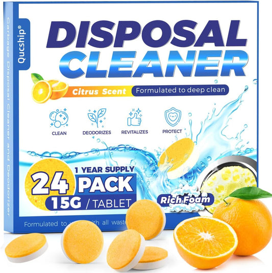 Qucship Powerful XXL Foaming Garbage Disposal Cleaner and Deodorizer Tablets - 24 Pack, Citrus Scent Garbage Disposal Cleaner, Sink Drain Clean for 1 Year Kitchen, House, Home Cleaning Essentials