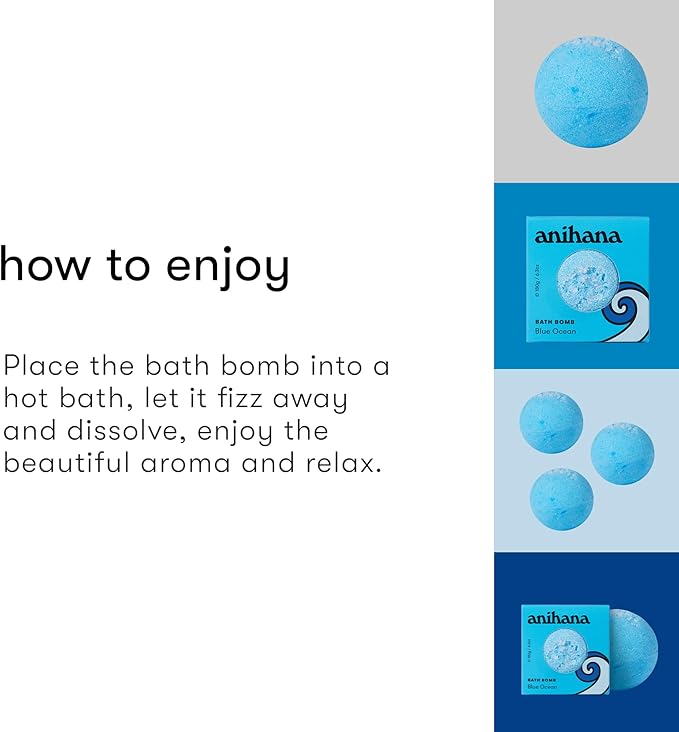 ANIHANA Bath Bomb with Coconut Oil, Paraben Free, Hand-Crafted Luxury Fizzers, Refreshing Blue Ocean Scent, 6.3 oz