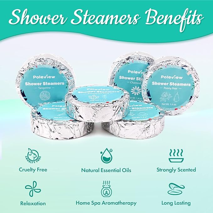 Shower Steamers Aromatherapy, 6 Pack Shower Bombs - Eucalyptus Mint, Lavender, Peony Pear, Chamomile, Tangerine, Lemongrass Coconut Essential Oil, Stress Relief and Relaxation Gifts for Women
