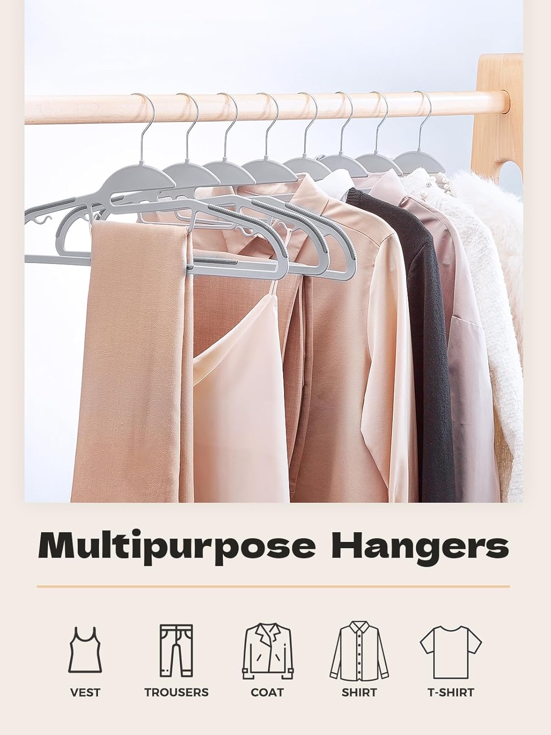 HOUSE DAY Grey Plastic Hangers 50 Pack, Slim Space Saving, Non Slip Hangers with Rubber Pads, Sturdy Heavy Duty Coat Hanger for Closet, S-Shaped Clothes Hanger for Shirt, Suit, Pant, Skirt