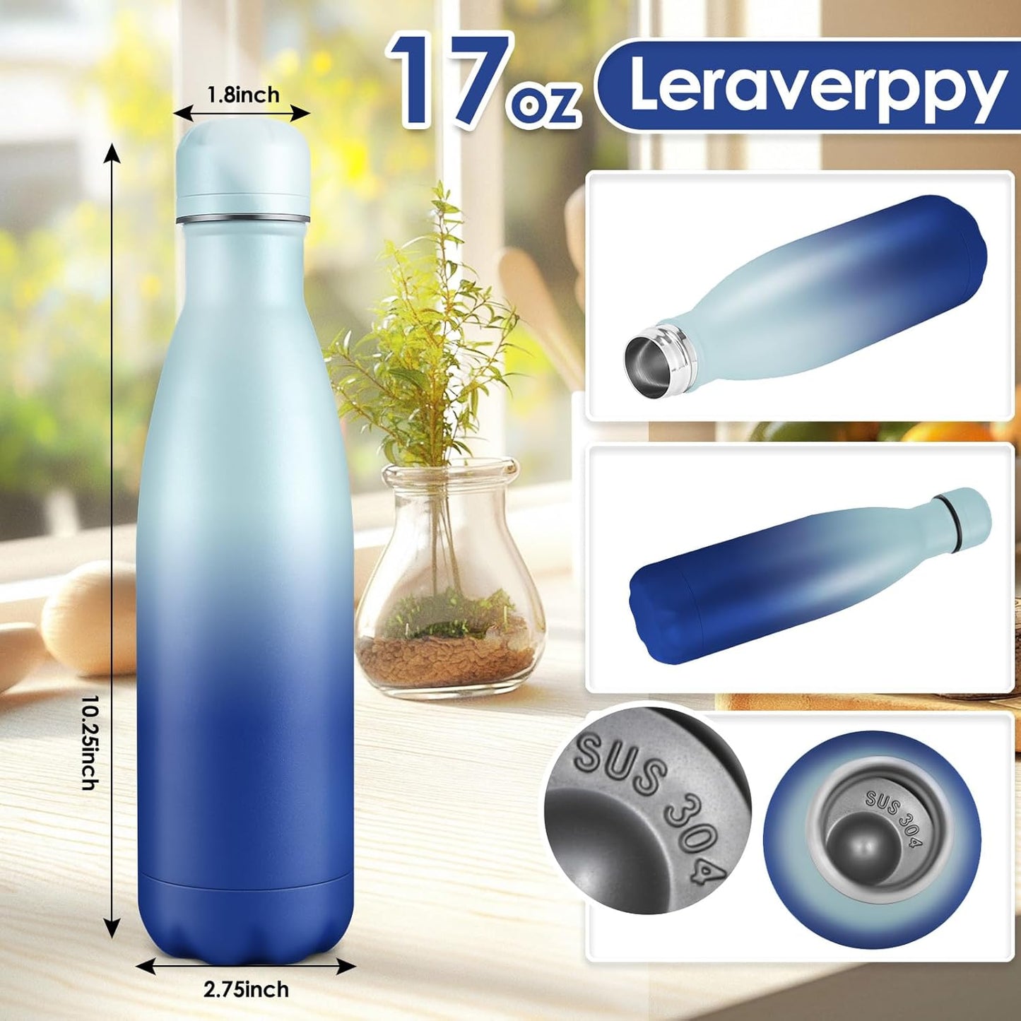 17oz Cola-Bottle Shaped Stainless Steel Leak-proof Water Bottle,Double Wall Vacuum Insulated Metal,Travel Mug For Sports Indoors & Outdoors,BPA-Free Kids Flasks,Green Blue(8 Pack)