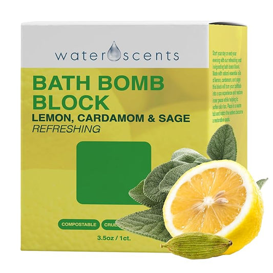 Water Scents Purity Bath Bomb Block | Vegan, Natural & Cruelty-Free | Aromatherapy Bath Soak with Lemon, Cardamom & Clary Sage | Refreshing & Moisturizing, Handmade in USA – 3.5 oz (1-Pack)
