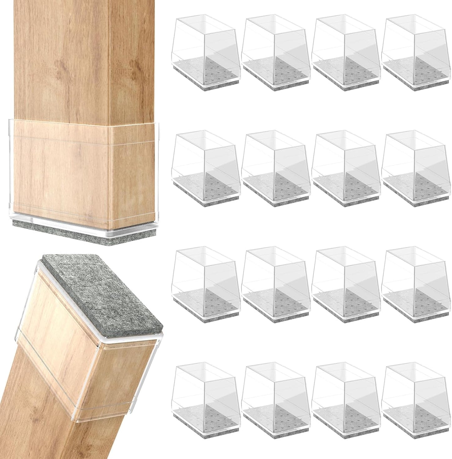 Rectangle Chair Leg Protectors for Hardwood Floors,16 PCS Silicone Covers to Protect Wood Tile Floors Felt Pads Furniture Leg Caps Reduce Noise. Easy to Move.(Clear,1 x 2 Inch,Rectangle)