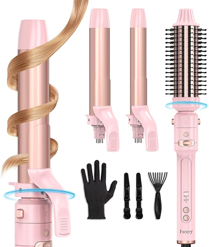 FARERY 1/1.25/1.5 inch Rotating Curling Iron Curling Brush Set, Automatic Curling Iron Heated Round Brush for Long Hair, Create Gorgeous Curls & Waves, Adjustable Temperature 300-410℉, Auto Shut-Off