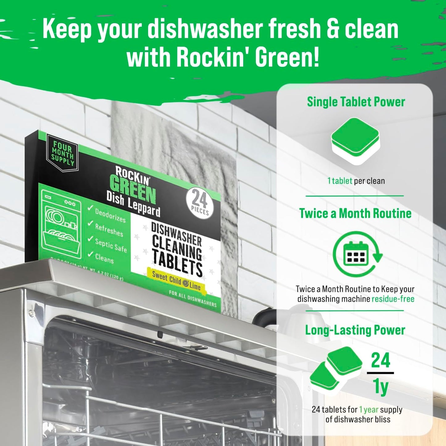 Rockin' Green Deep Cleaning and Deodorizing Tablets for Dishwashers, Washing Machines, and Garbage Disposals, Removes Odor and Residue (Dishwasher Cleaning Tablets, 24 Pack)