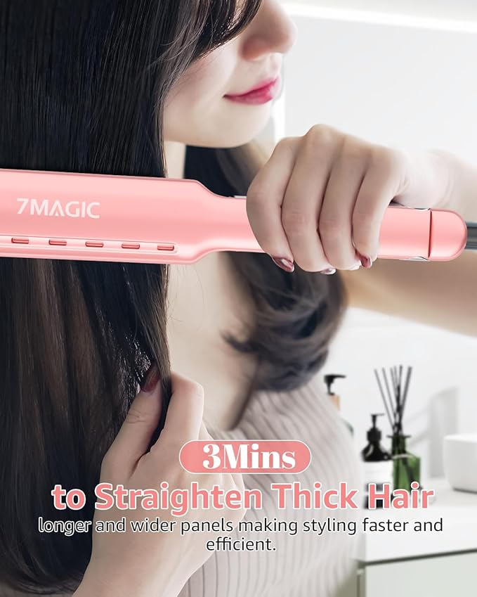 7MAGIC 1.7" Wide Hair Straightener, Nano Titanium Flat Iron for Wet & Dry Hair, Flat Iron Hair Straightener with 5 Temp, MCH Fast Straightening Iron, Hair Iron with Dual Voltage, Pink