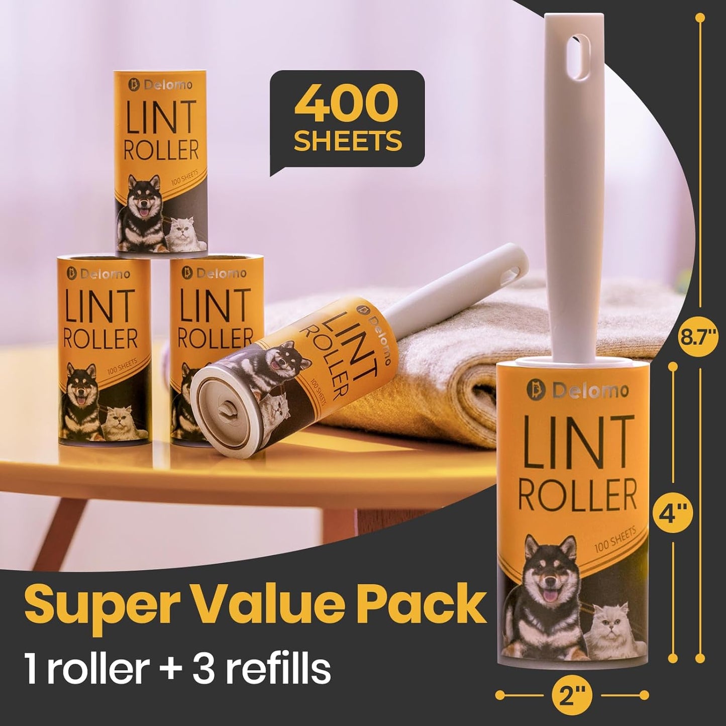 DELOMO Pet Lint Roller for Clothes – Lint Rollers for Pet Hair Extra Sticky, Mega Value Set of 400 Sheets (1 Roller + 3 Refills), Dog Cat Hair Remover for Couch, Furniture, Keep Your Home Tidy