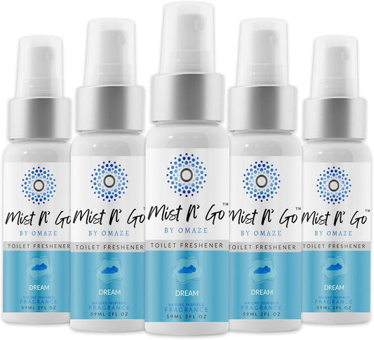 Mist N’ Go by Omaze Travel Bathroom Spray for Toilet Spray Odor Eliminator - Travel Toilet Spray for Bathroom Air Freshener Spray for Bathroom Deodorizer - Dream Regular Size (2oz x5)