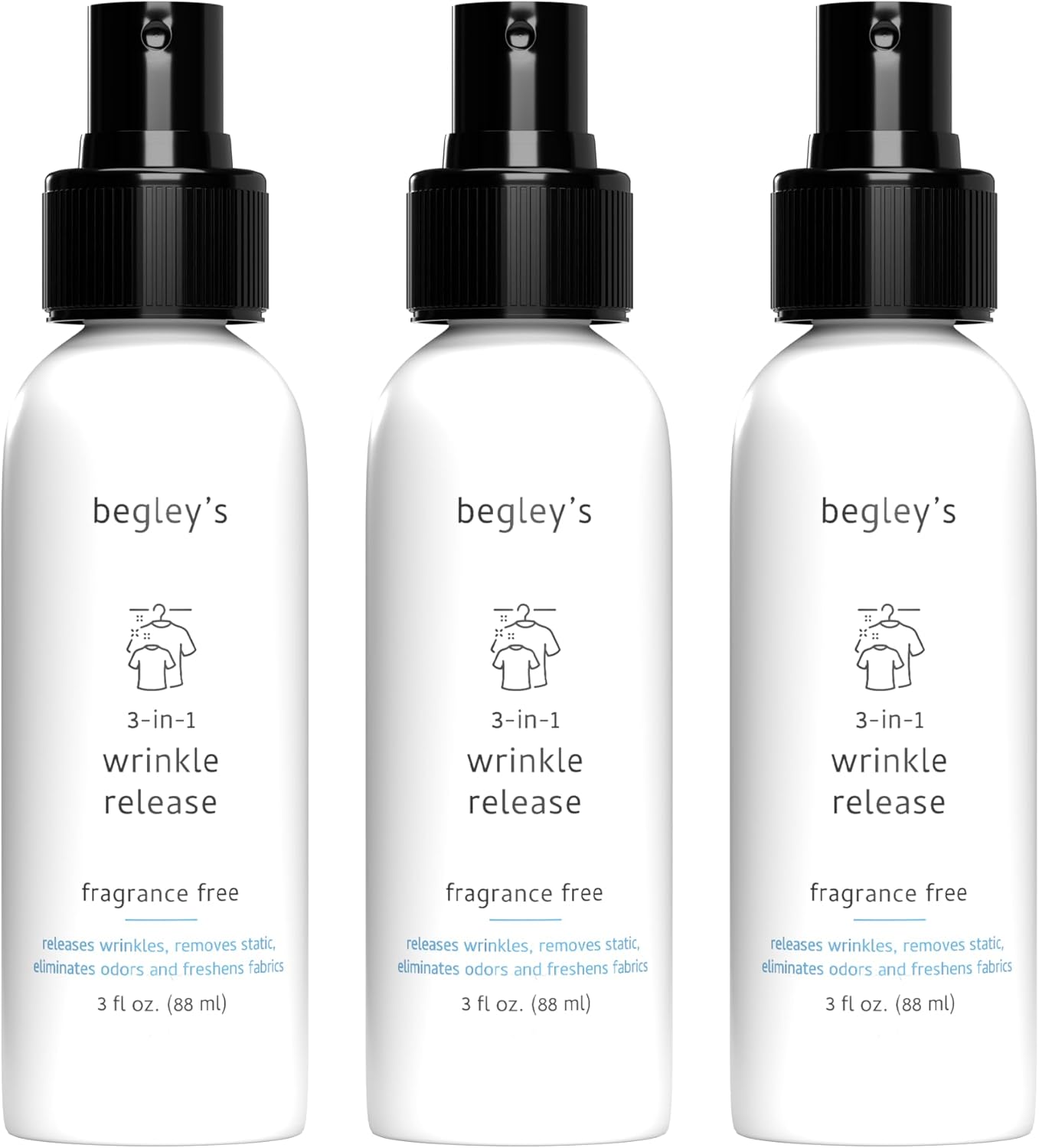 Begley's 3-in-1 Wrinkle Remover, Quick Fix Wrinkle Release, Static Cling Remover, Odor Eliminator and Fabric Refresher Spray - Plant-Derived, USDA Certified Biobased - Fragrance-Free, 3 oz Travel Size