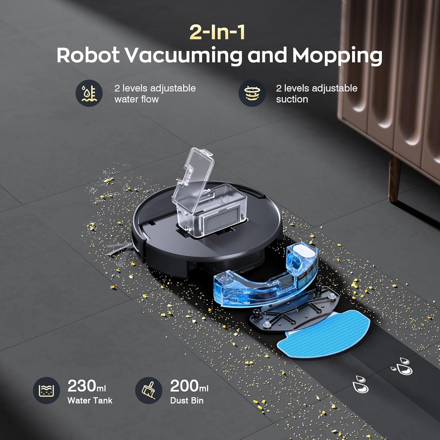 Robot Vacuum and Mop Combo, 2 in 1 Robotic Vacuums Cleaner with WiFi/App, Robot Vacuum with Water Tank, Strong Suction, Schedule, Self-Charging, Quiet, for Hard Floor, Pet Hair, Low Pile Carpet