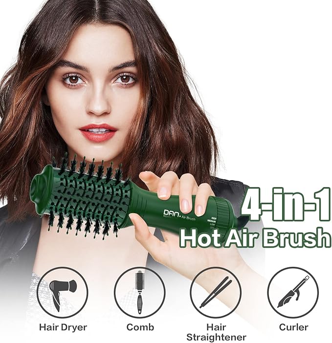 Dan Technology Blow Dryer Brush Hair Dryer Brush Hot Air Blowout Brush 120V 3 Speeds Oval Shape Volumizer Straightener Brush Faster Drying Mini Size Lightweight (Green)