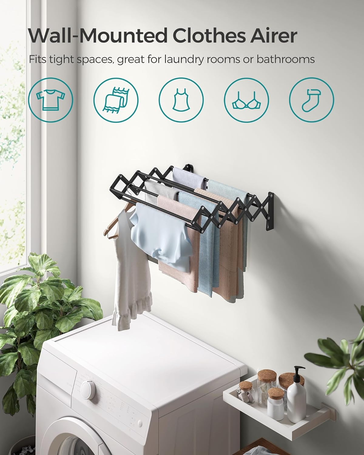 SONGMICS Clothes Drying Rack, Wall-Mounted Drying Rack Clothing, Small Accordion Laundry Rack, 9 Staggered Hanging Rods, Expandable and Retractable, Ink Black ULLR802B01