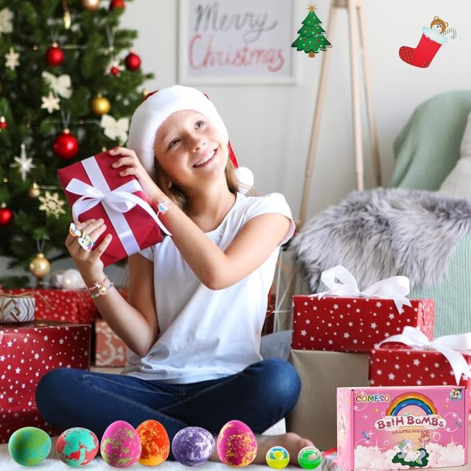 Bath Bombs for Kids with Surprise Inside- Dino Egg Bath Bombs for Girls, 6 Pcs Bubble Bath Bomb, Dinosaur Bathbombs Gift Set, Unicorn Jewelry for Girls, Birthday Gifts