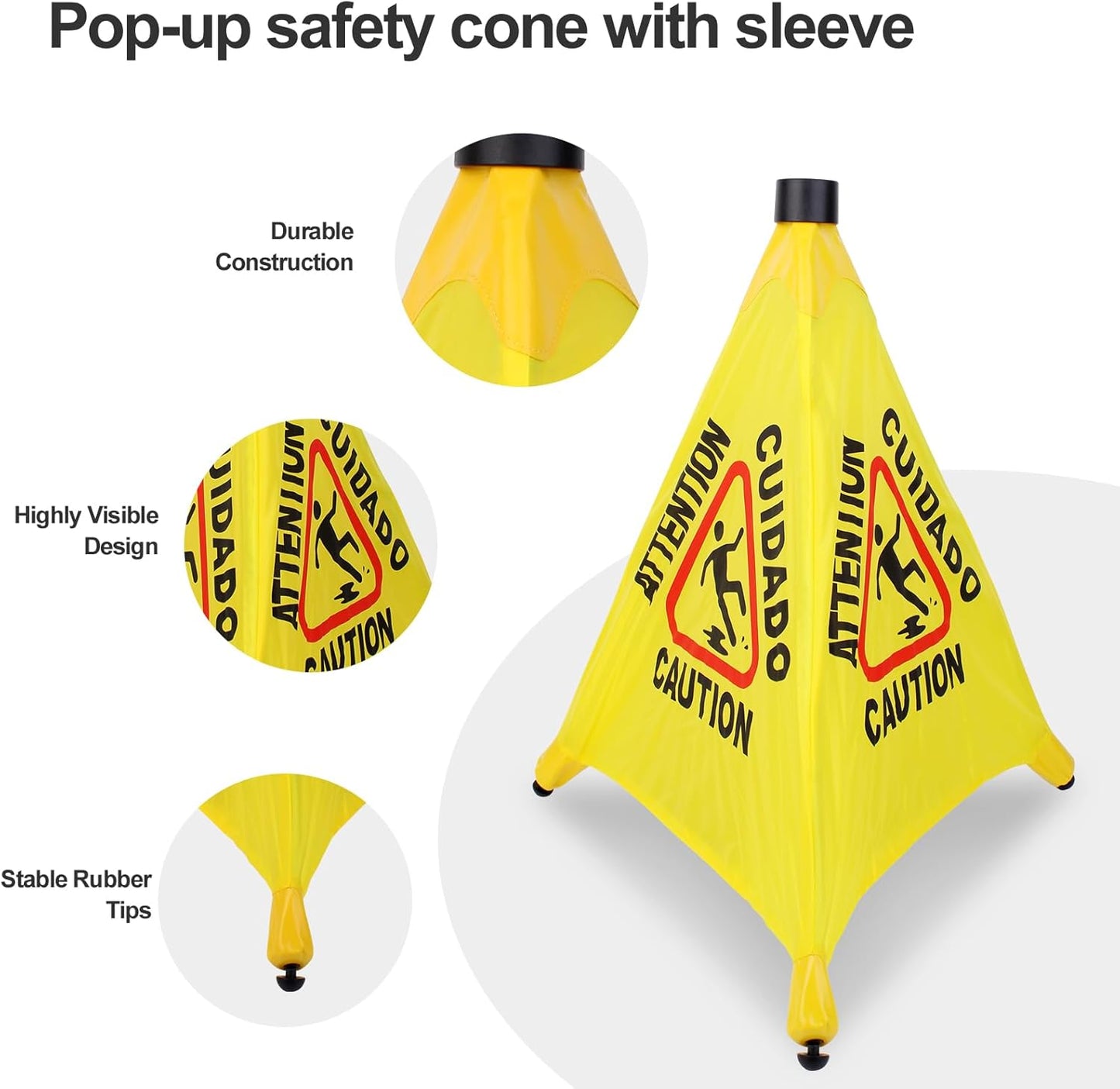 3 Pcs 20 inch Pop up Wet Floor Sign with Storage Tube, Wet Safety Signs Commercial Caution Safety Cone Pop up Caution Sign for Commercial Stores Grocery Restaurant Restroom Office