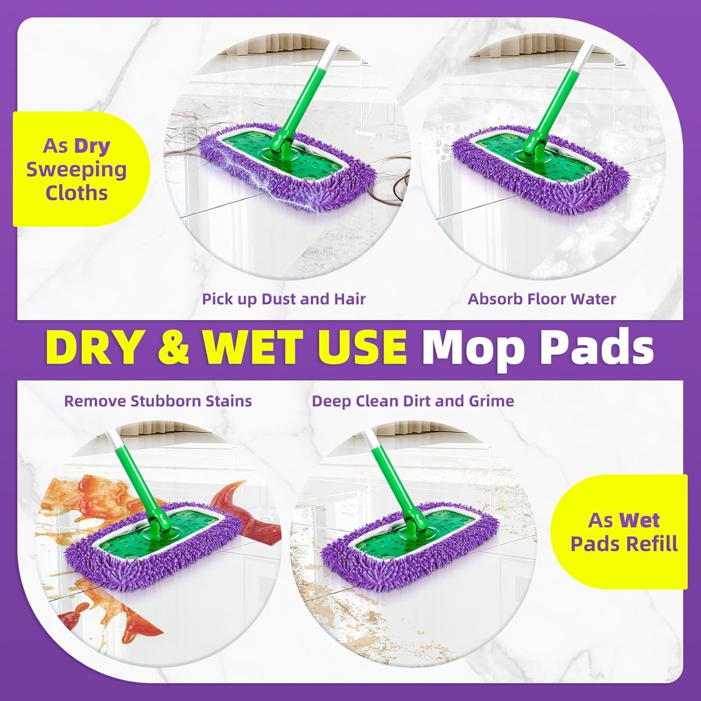 Reusable Mop Pads Compatible with Swiffer Sweeper Mop - Microfiber Dry Sweeping Cloths & Washable Wet Pads Refill Chenille Wet Mopping Cloths for Use on All Sealed Floors Cleaning(Mop is not Included)