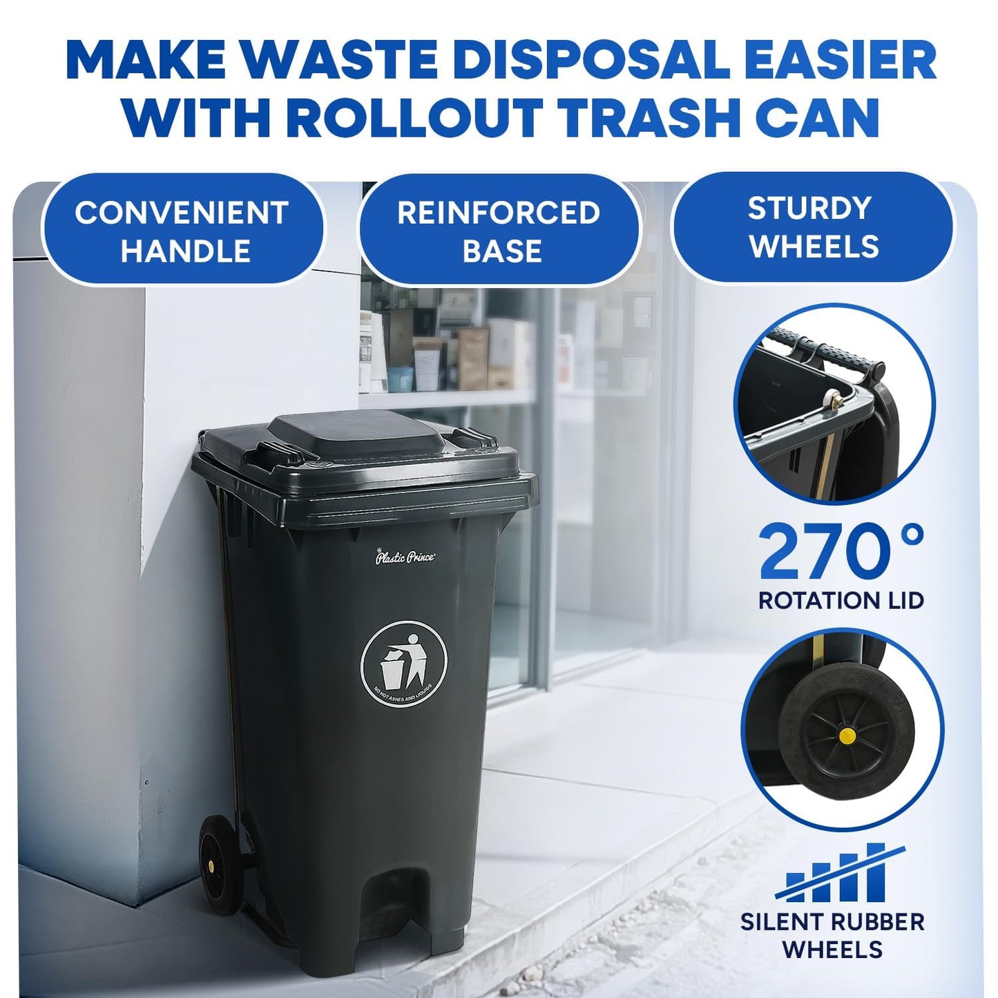 32 Gallon Step-On Large Outdoor Trash Can with Lid and Wheels - Outside Plastic Rolling Garbage Can - Rollout Commercial Heavy-Duty Container Barrel, Gray 2 Pack