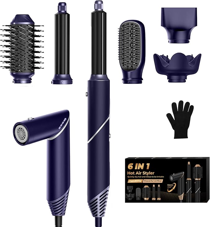 6 in 1 Hair Dryer Brush, Foldable Blow Dryer Brush with Wrap Curler, Detachable Air Hair Styler Curling, Drying,Volumizing, Straightening, Negative Ionic Hair Dryer with Diffuser, Hair Styling Tools