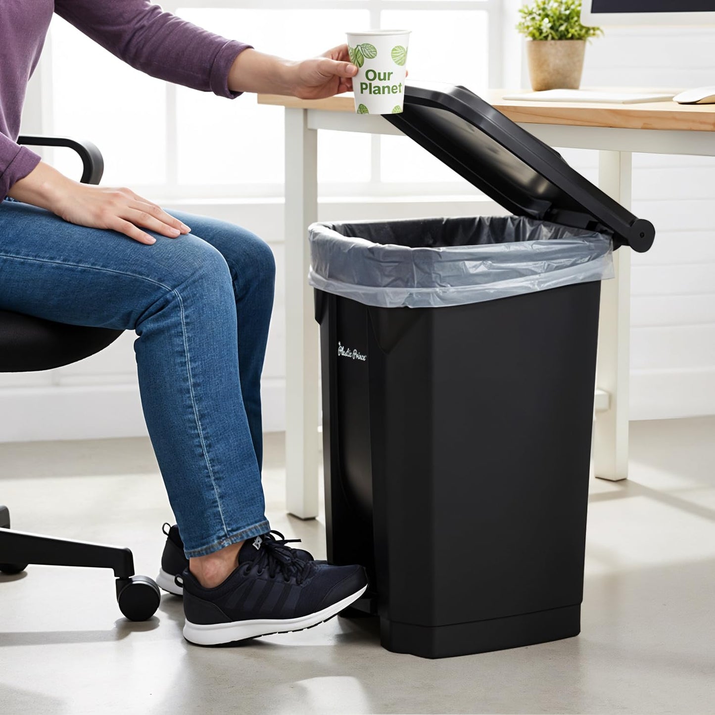 14 Gallon Step-On Trash Can/Container, Black Plastic Dustbin with Lid and Foot Pedal, Hands-Free Disposal
