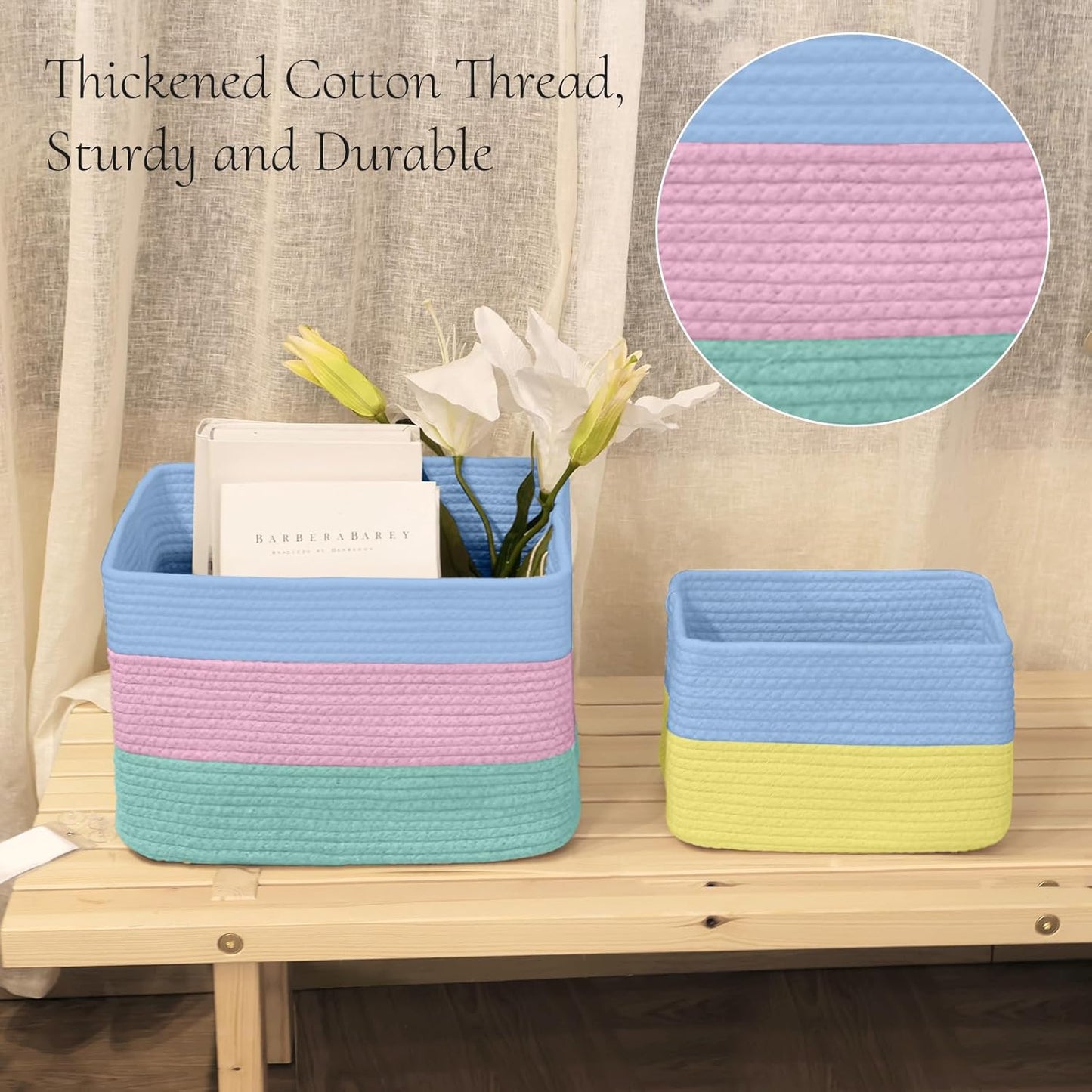 Hopegiver Woven Storage Baskets 15x11x10 Inch, 3 Pack Collapsible Cube Storage Bin for Shelves - Foldable Cotton Rope Organizer Bins for Towels, Toys, Books, Closet, Nursery (Blue Pink Green)