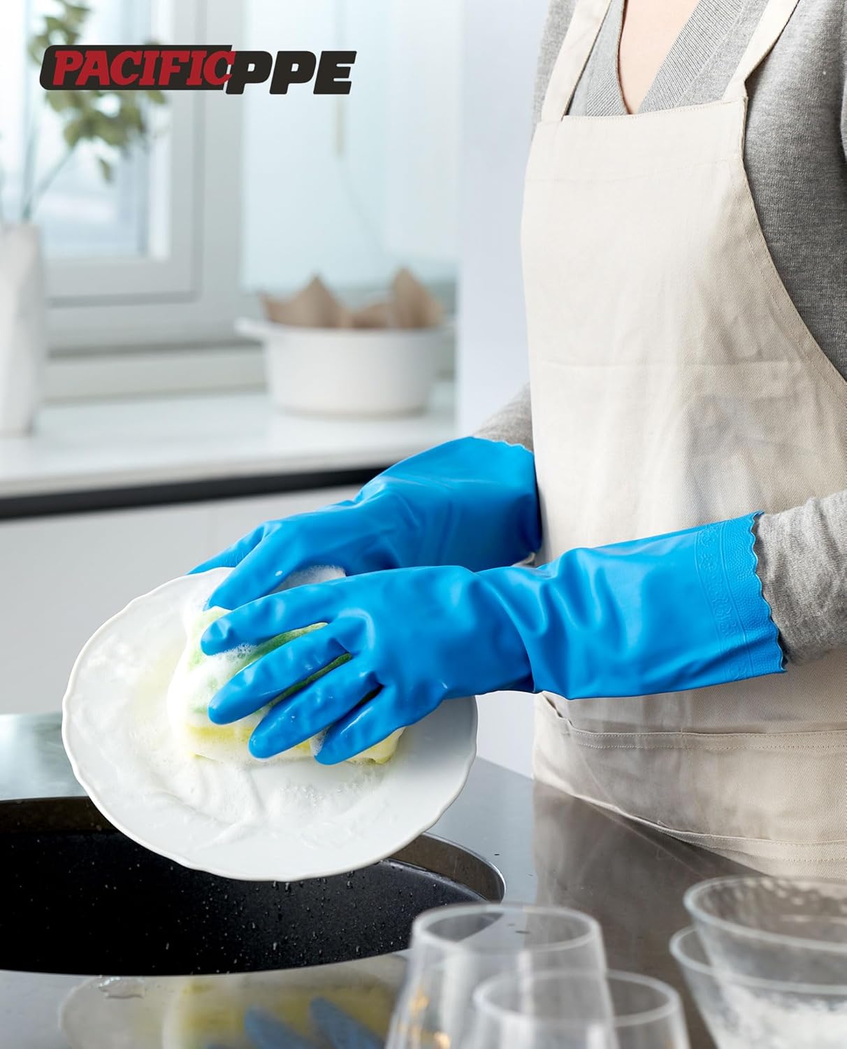 PACIFIC PPE 4 Pairs Reusable Dishwashing Cleaning Gloves with Latex Free, Cotton Lining, Kitchen Gloves, Blue, Medium