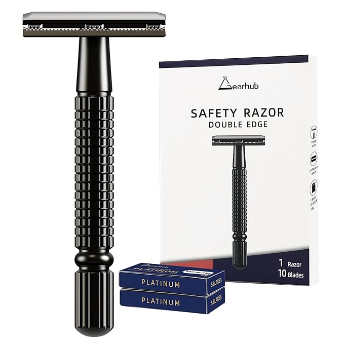 Gearhub Double Edge Safety Razor Reusable Stainless Metal Wet Shaving Razor with 10 Swedish Platinum Blades for Men Women Barber Bikini Armpit Hair, Matte Gunmetal Black GR131