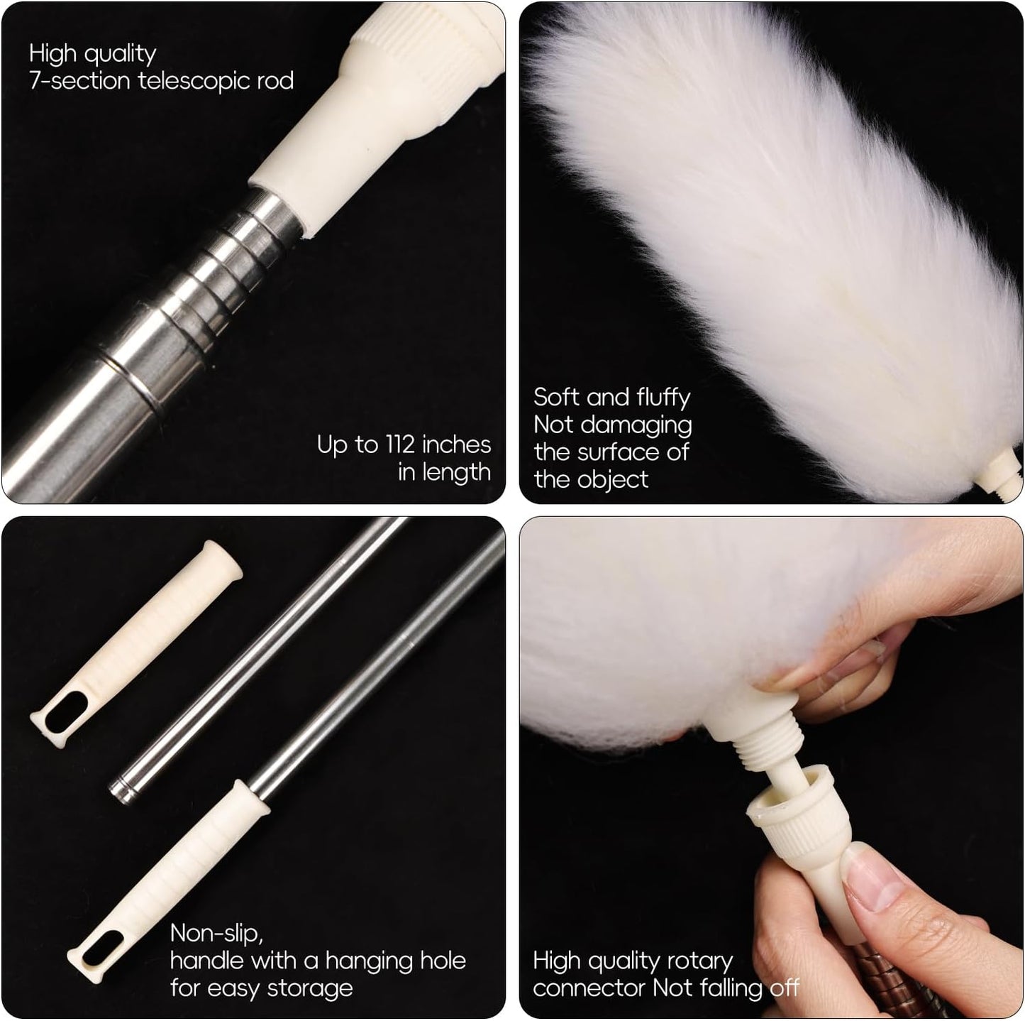 Extendable Lambswool Duster 29-110 Inch,Anti-Static Flexible Head, Stainless Steel Pole for Cleaning High Ceiling,Fan,Furniture,Roof Dusting