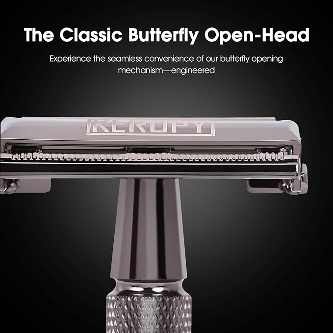 Vintage Classic Double Edge Safety Razor for Men - Weighted Butterfly Open Comb Design with 10 Keropy Extra Blades - Stainless Steel Razor for Close Smooth Shave - Gloss Black Finish