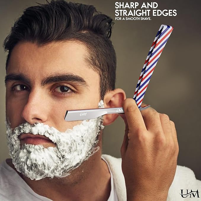 UM Supplies Straight Edge Barber Razor | Professional Men's Straight Shaving Razors kit With 10 Replaceable Blades | Cut Throat Shavette | Barber Pole Red, White, Blue