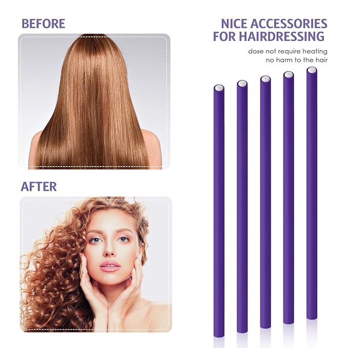 Syhood 30 Pcs Flexible Curling Rods 9.45 Twist Foam Rollers Soft Foam No Heat Hair Rods Rollers and 1 Steel Pintail Comb Rat Tail Comb for Women Long Short Hair(Purple,9.45 x 0.3 Inch)
