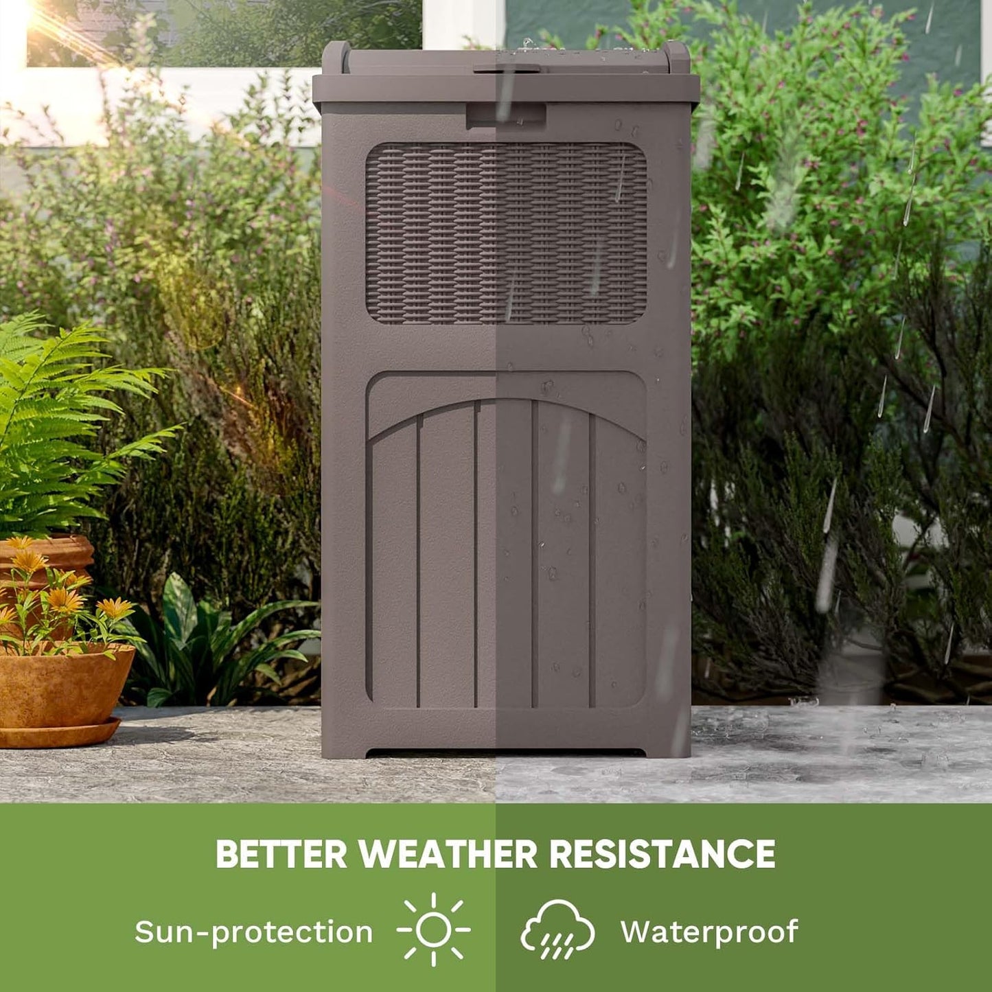 Patiowell 36 Gallon Outdoor Trash Can, Resin Outdoor Garbage Can with Lid for Patio, Backyard, Deck, Dark Brown (2 Pack)