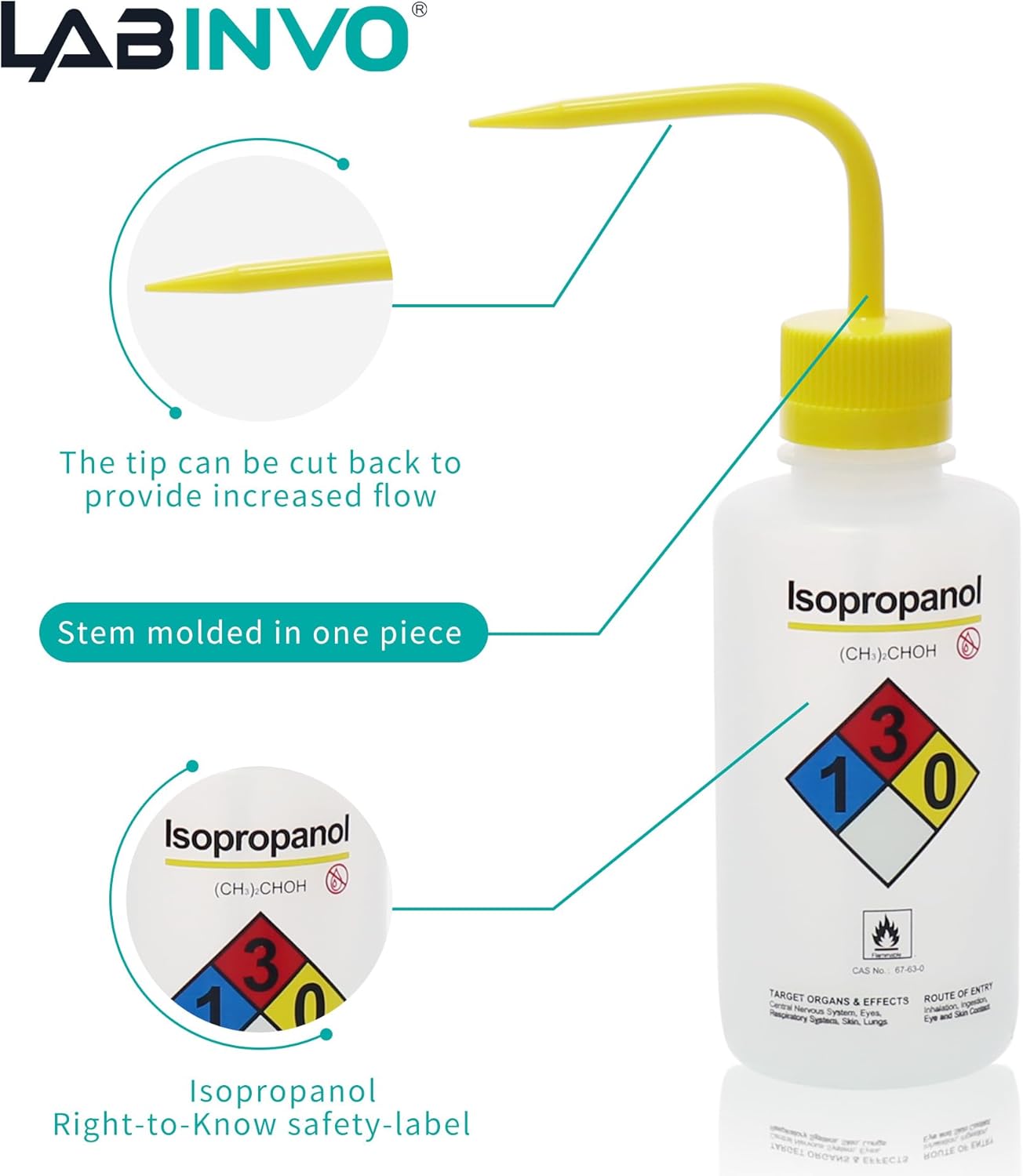 Isopropanol Wash Bottle, 1 PC of Vol.500ml (17oz), Narrow Mouth, Self-Venting Safety Wash Bottles, LDPE Material, IN-WBI501