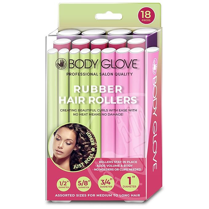Body Glove Flexi Rods Foam Hair Rollers Medium to Large Size Professional Salon Quality 18 Pcs Rubber Hair Rollers For Medium to Long Hair (Multi-color)