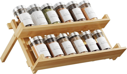 MUDEELA Bamboo Spice Rack Organizer for Cabinet, X-Shaped Foldable Spice Organization, 2 Tier Seasoning Organizer for Kitchen Counter