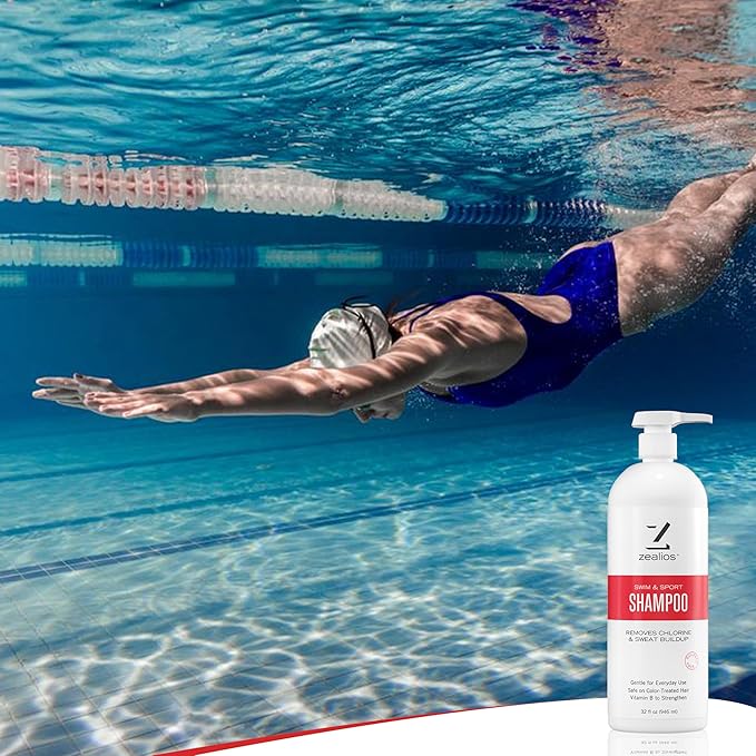 Zealios Swim & Sport Clarifying Shampoo, 32 oz Pump Bottle for Extremely Damaged Hair, Pool Hair Repair & Protector - Sulfate-Free, Moisturizing Chlorine & Salt Removal, Color-Safe, Citrus Scent