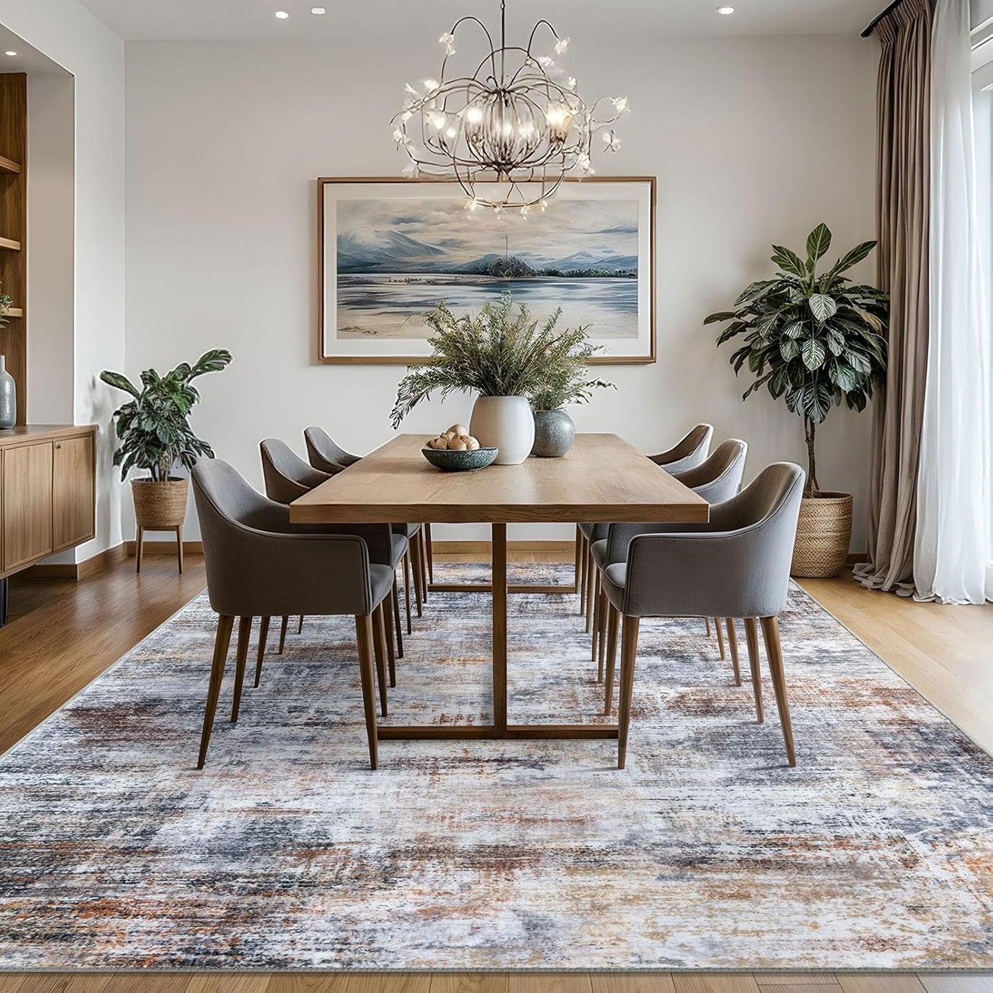 IOHOUZE Abstract Area Rugs 8x10 Ft Washable Large Rugs for Living Room, Non Slip Dining Room Rug, Printed Faux Wool Rugs for Bedroom, Floor Carpet for Office Nursery Playroom, Orange Grey